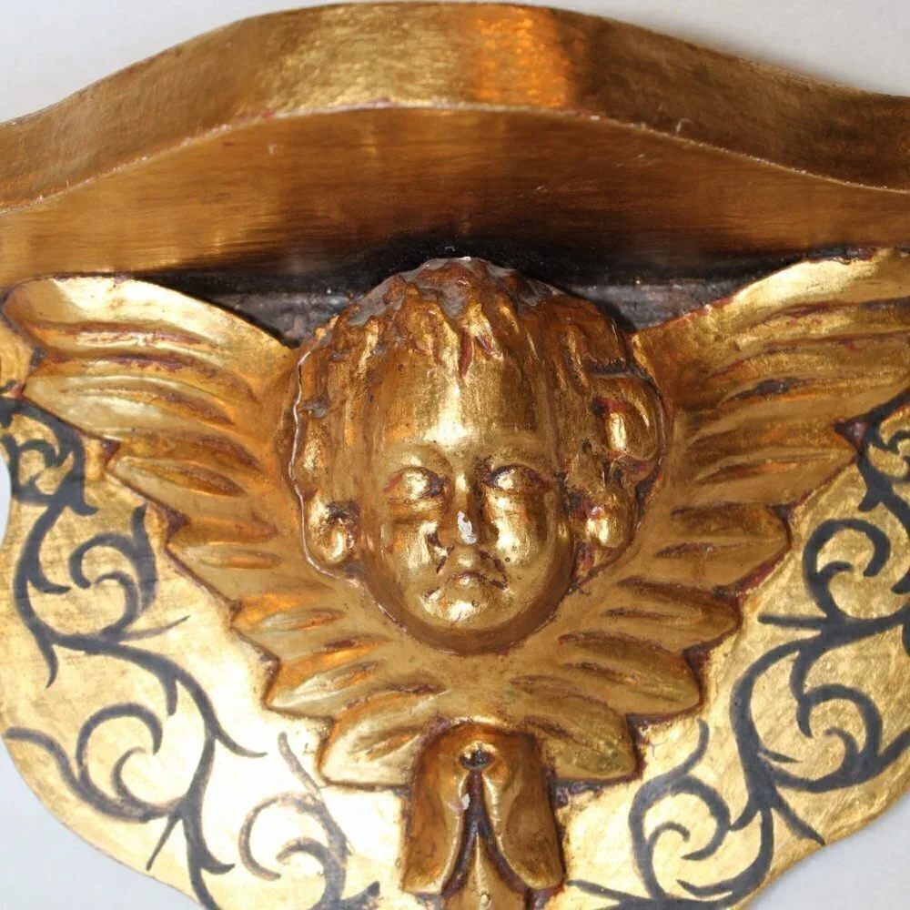 Antique vintage wood carved gilded Putti brackets Cherub Baroque golden flaws